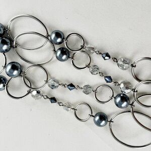 Silver tone necklace, synthetic pearls, gray crystals, signed Lia Sophia